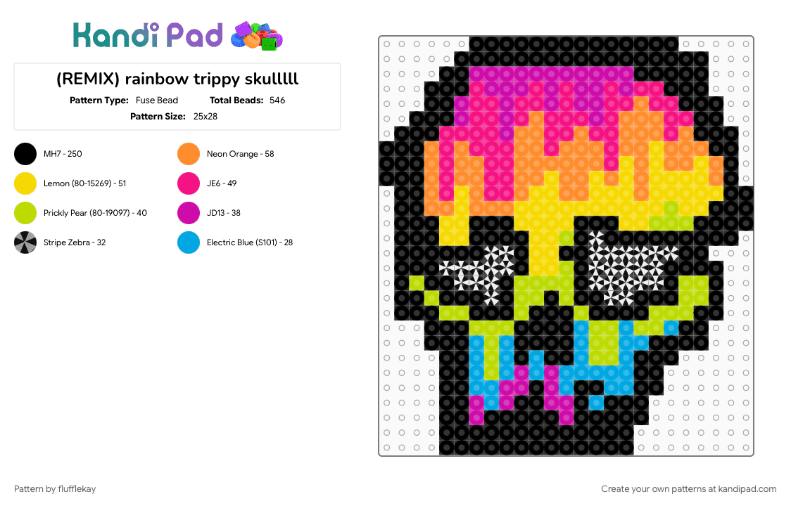 (REMIX) rainbow trippy skull!! - Fuse Bead Pattern by flufflekay on Kandi Pad - black, colorful, drippy, drippy rainbow, neon, orange, pink, rainbow, scenecore, skull, trippy, yellow