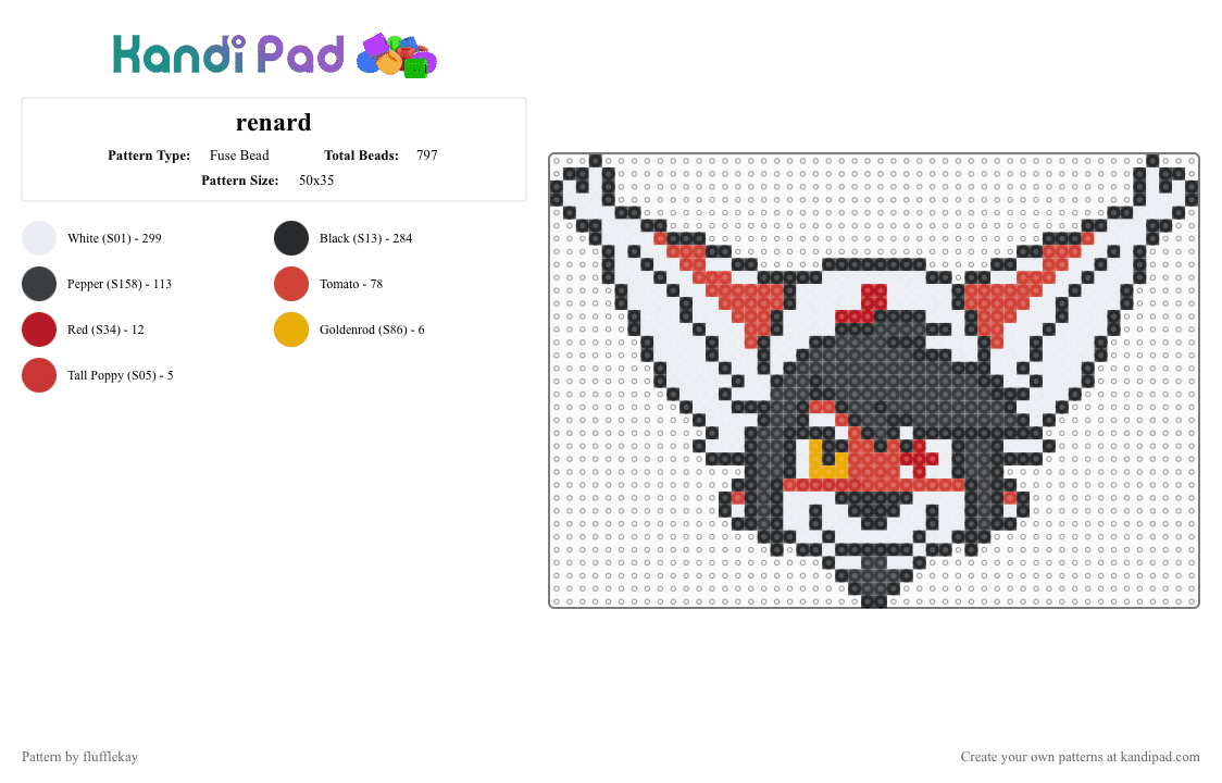 Renard - Fuse Bead Pattern by flufflekay on Kandi Pad - white,red,lapfox,lapfox trax,halley labs,renard,renard queenston