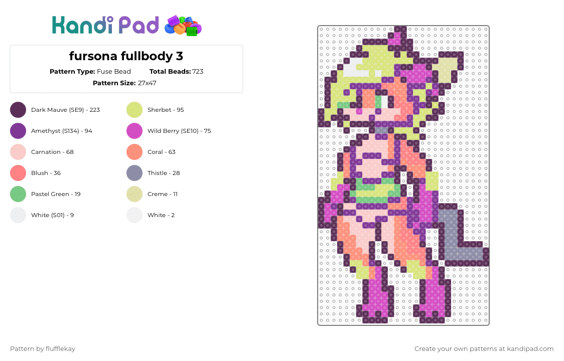 fursona fullbody 3 - Fuse Bead Pattern by flufflekay on Kandi Pad - pink,yellow
