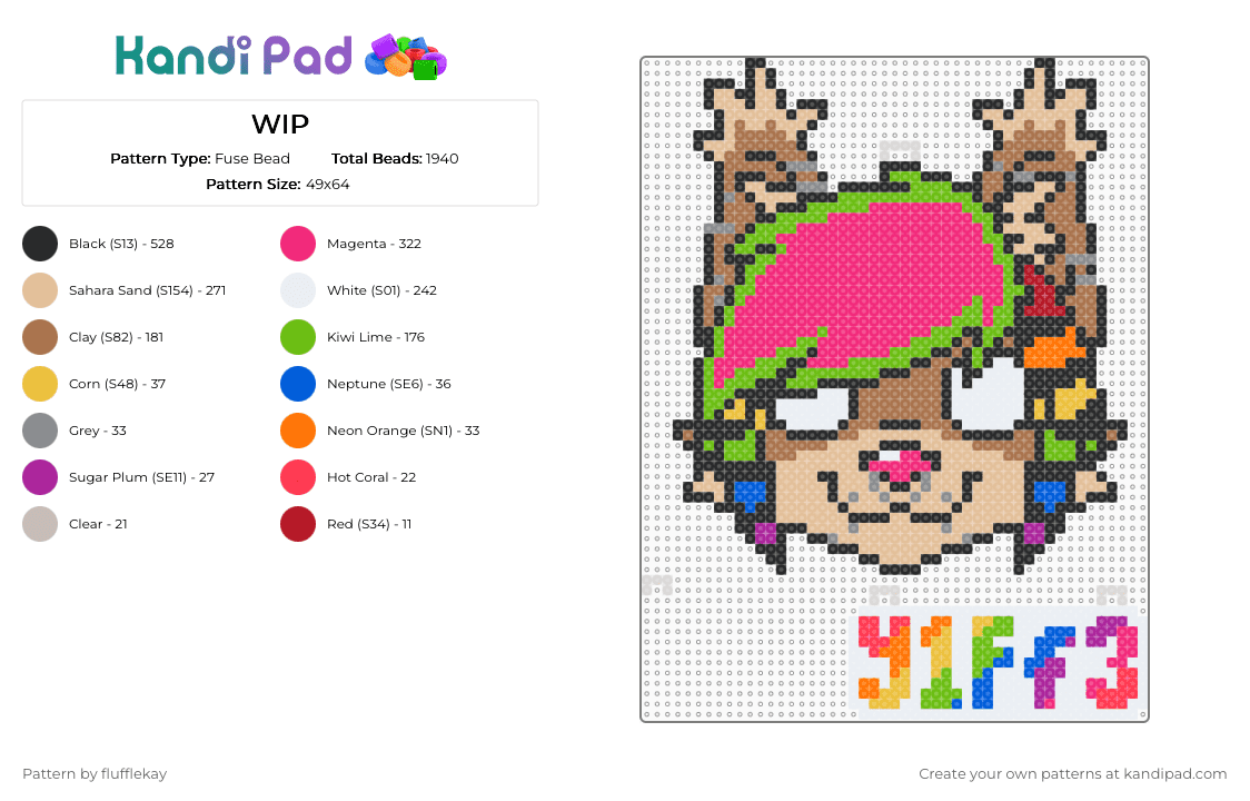 (WIP) dangly Y1Ff3 name tag for @g0ose_rocks - Fuse Bead Pattern by flufflekay on Kandi Pad - tan,beige,green,pink