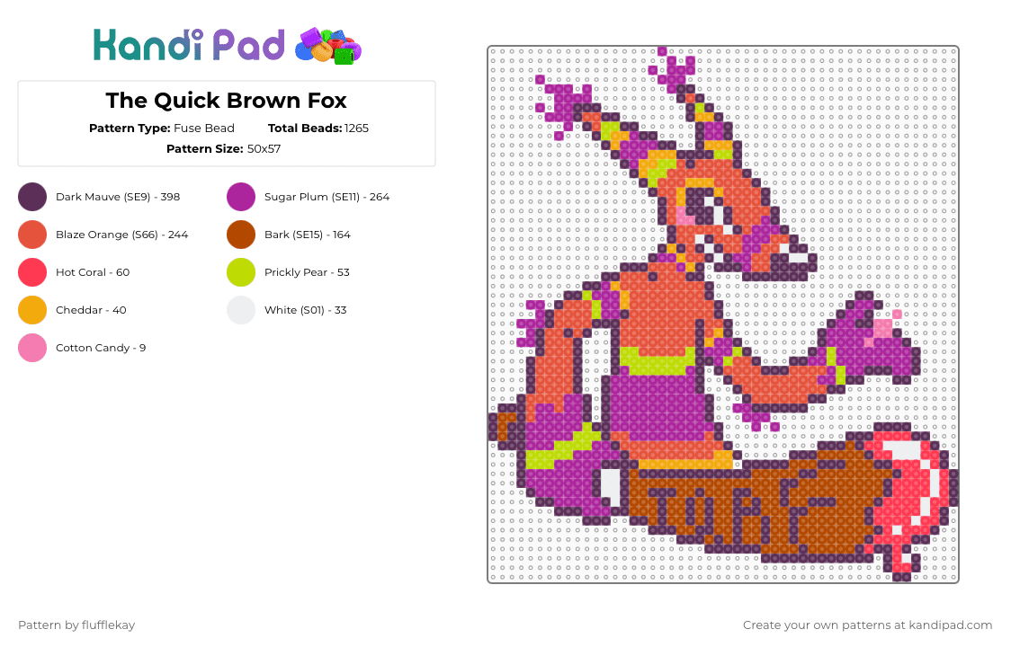 The Quick Brown Fox - Fuse Bead Pattern by flufflekay on Kandi Pad - pink,red,lapfox,lapfoxtrax,tqbf,thequickbrownfox,furry,pinata,halleylabs