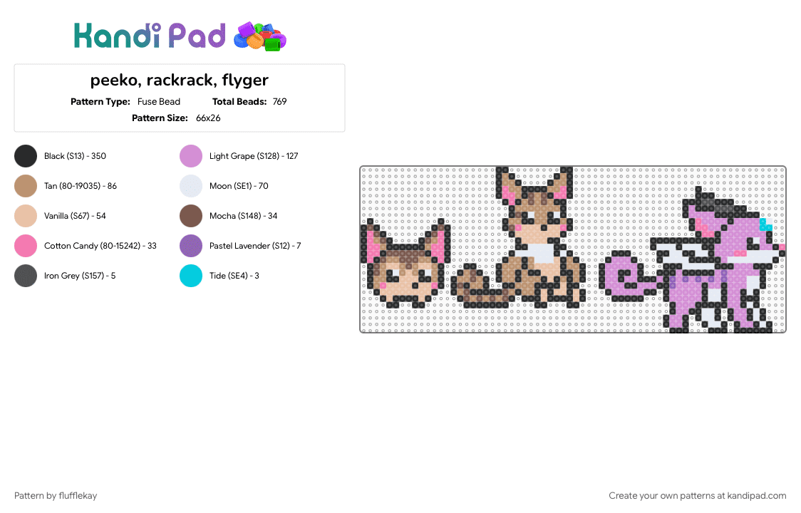 Peeko, Rackrack, Flyger - Fuse Bead Pattern by flufflekay on Kandi Pad - animal, beige, black, cat, flyger, peeko, pink, prodigy, prodigy math, rackrack