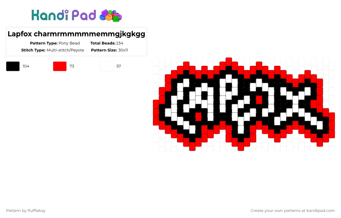 LapFox Trax logo charm - Pony Bead Pattern by flufflekay on Kandi Pad - white,red,lapfox,lapfox trax,lapfoxtrax,halley labs,halleylabs