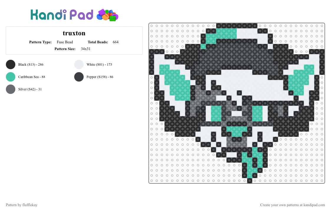 Truxton - Fuse Bead Pattern by flufflekay on Kandi Pad - black,white,gray,teal,truxton,lapfox trax,lapfox,furry