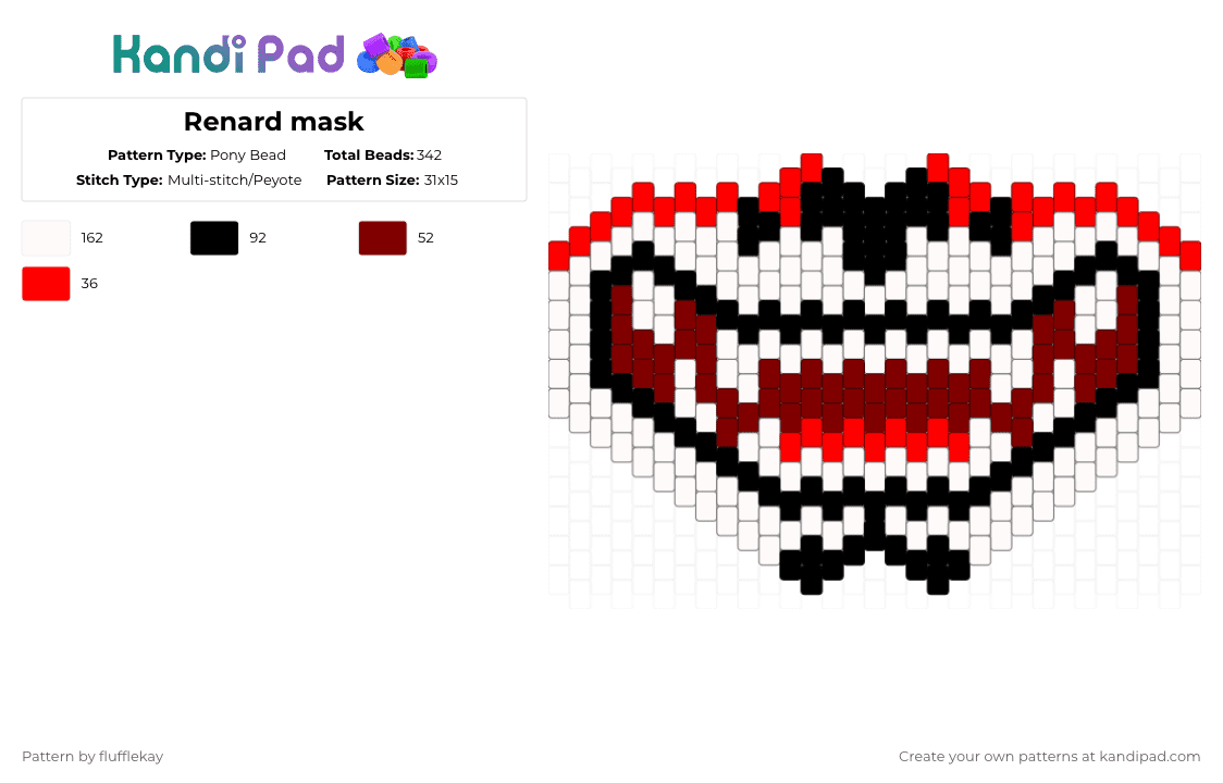 Renard mask - Pony Bead Pattern by flufflekay on Kandi Pad - white,red,brown,renard,renardqueenston,lapfoxtrax,lapfox,halleylabs