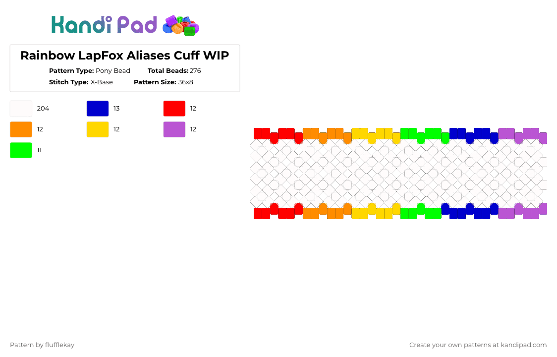 Rainbow LapFox Aliases Cuff WIP - Pony Bead Pattern by flufflekay on Kandi Pad - white,orange,green,pink,colorful
