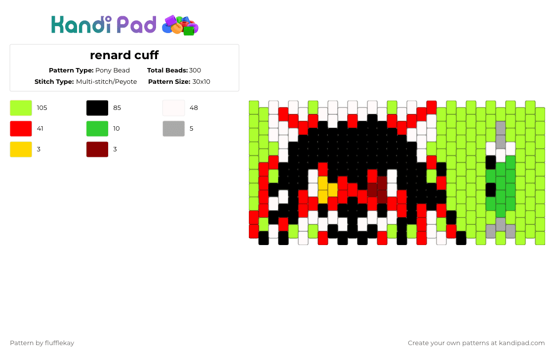 renard cuff - Pony Bead Pattern by flufflekay on Kandi Pad - green,red
