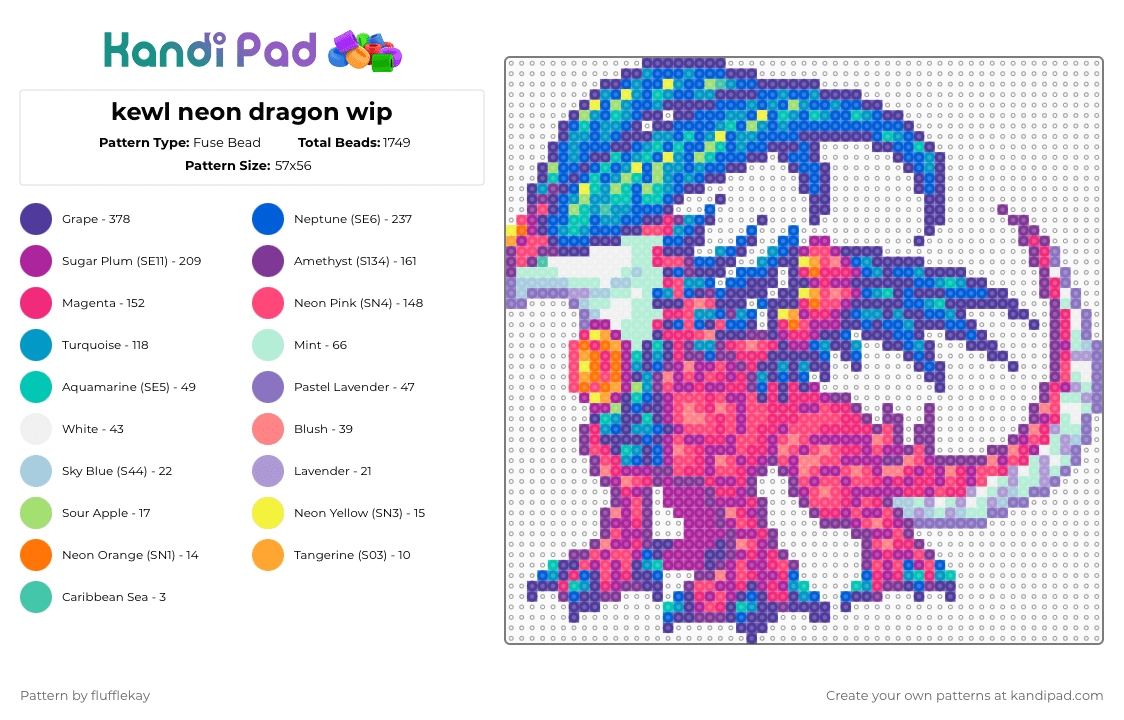 Grandoff the Dragon - Fuse Bead Pattern by flufflekay on Kandi Pad - pink,blue,purple,colorful,dragon