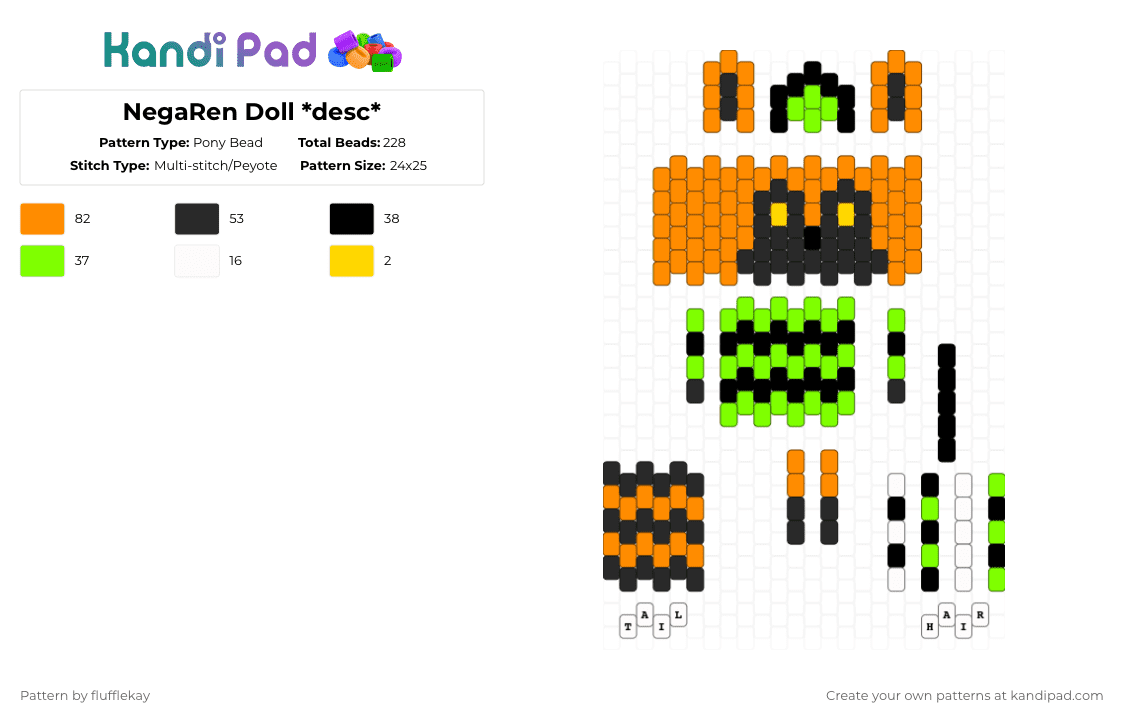 NegaRen Doll *desc* - Pony Bead Pattern by flufflekay on Kandi Pad - orange,lapfox,lapfox trax,lapfoxtrax,halley labs,halleylabs,negaren,furry