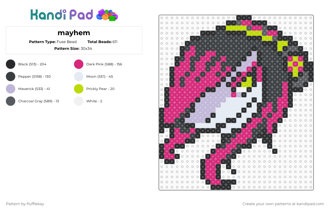 Mayhem - Fuse Bead Pattern by flufflekay on Kandi Pad - black,pink,lapfox,lapfoxtrax,halleylabs,mayhemshark,shark,furry