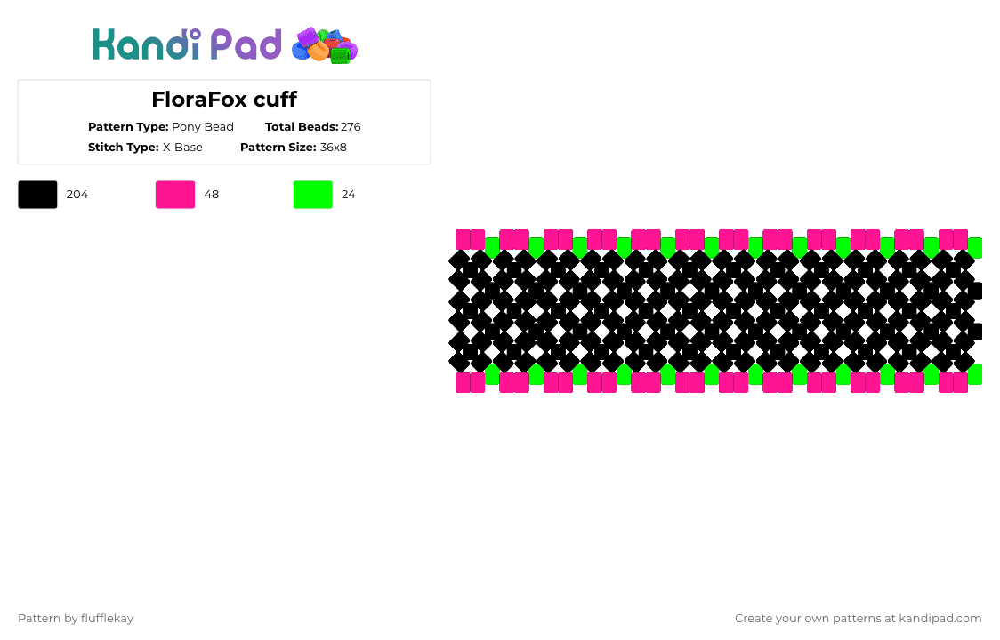 FloraFox cuff - Pony Bead Pattern by flufflekay on Kandi Pad - black,pink,green