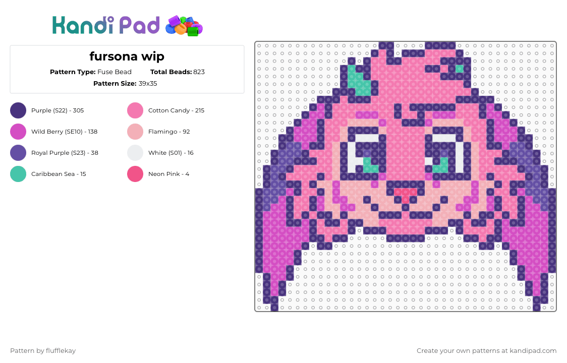 fursona perler - Fuse Bead Pattern by flufflekay on Kandi Pad - purple,pink,furry,fursona,oc,original character