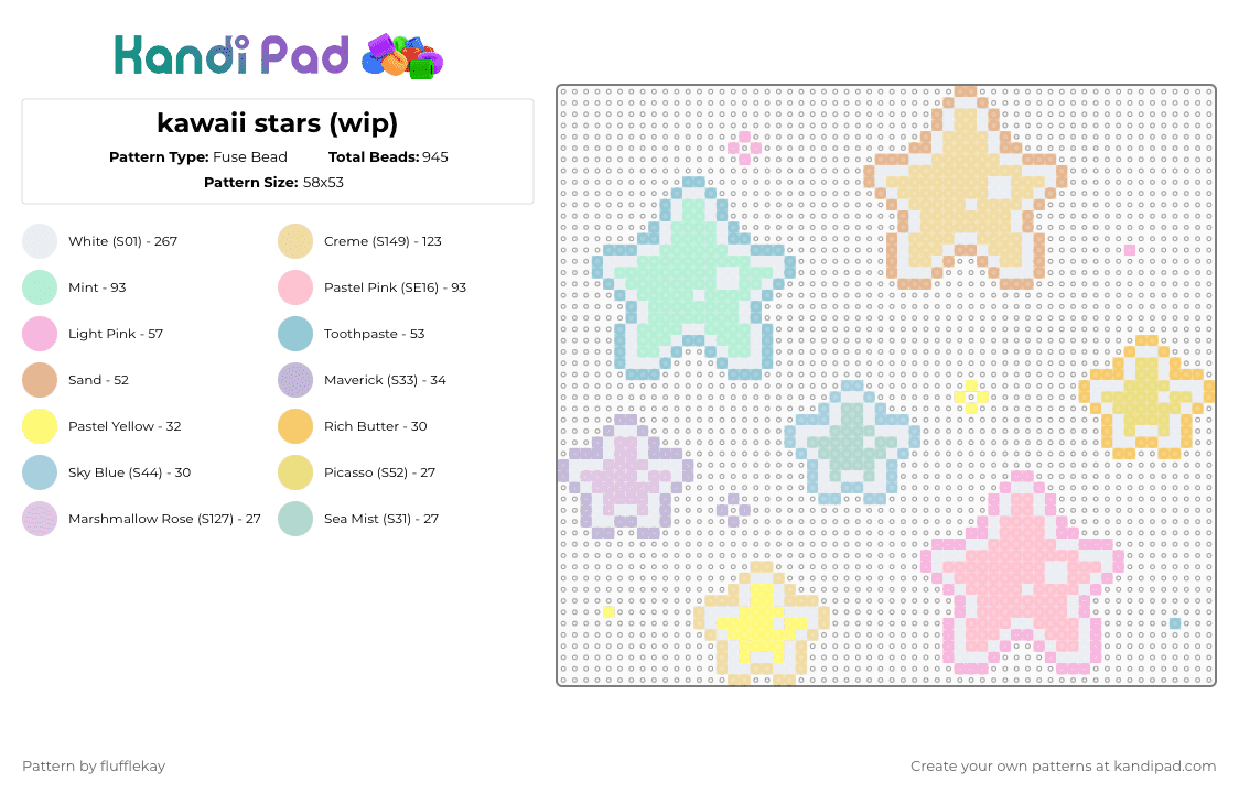 kawaii stars! - Fuse Bead Pattern by flufflekay on Kandi Pad - beige,light blue,pink,stars,kawaii,pastel,cute,star