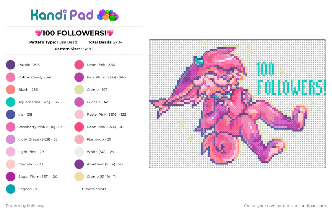 💖100 FOLLOWERS💖 (oc art) - Fuse Bead Pattern by flufflekay on Kandi Pad - purple,pink,fursona,furry,oc,original character,thank you,100 followers