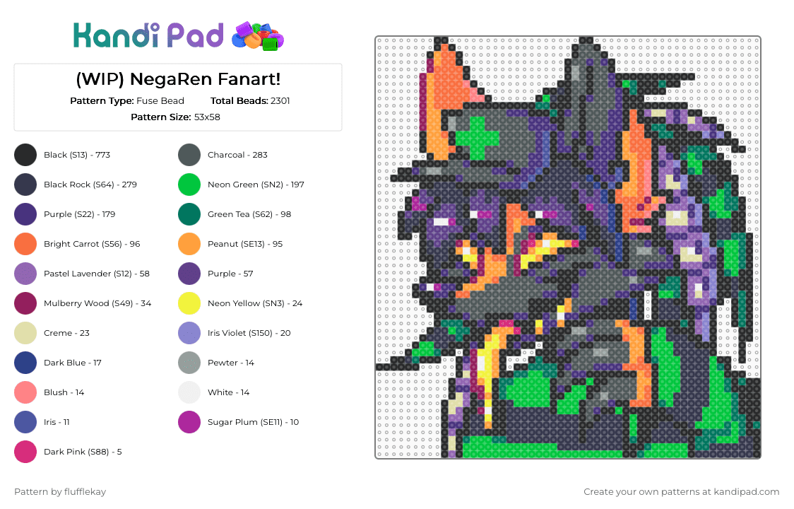 (WIP) NegaRen Fanart! (Lapfox) - Fuse Bead Pattern by flufflekay on Kandi Pad - orange,pink,purple,green,lapfox,lapfox trax,halley labs,negaren,furry,fanart,furry art