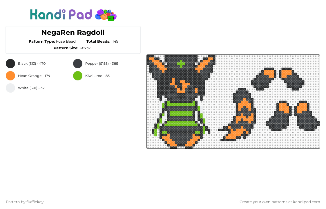 NegaRen Ragdoll - Fuse Bead Pattern by flufflekay on Kandi Pad - black,orange,green,negaren,lapfox,lapfox trax,lapfoxtrax,halleylabs,halley labs,furry,em essex