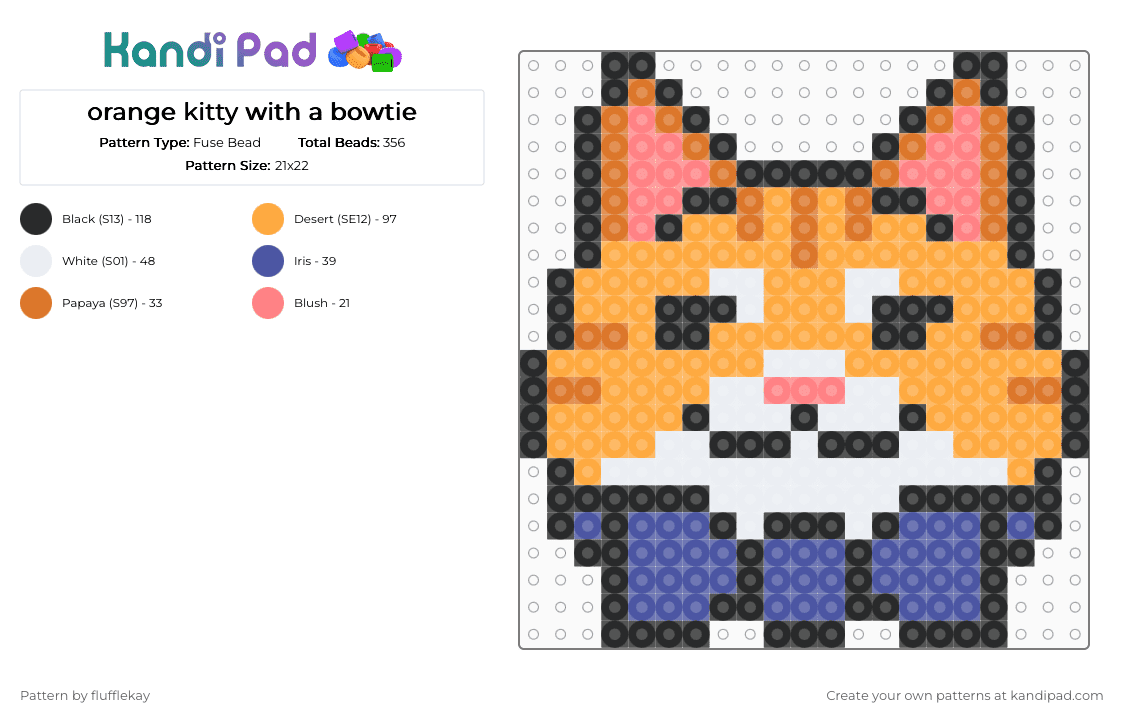 orange kitty with a bowtie - Fuse Bead Pattern by flufflekay on Kandi Pad - orange,cat,kitty,orange cat,orange tabby,tabby,tabby cat,kitten,bow tie
