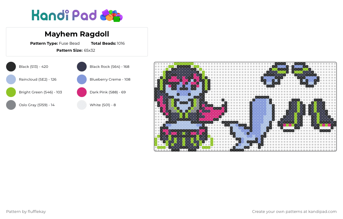 Mayhem Ragdoll - Fuse Bead Pattern by flufflekay on Kandi Pad - light blue,purple,mayhem shark,lapfox,lapfoxtrax,lapfox trax,halley labs,halleylabs,mayhem,furry