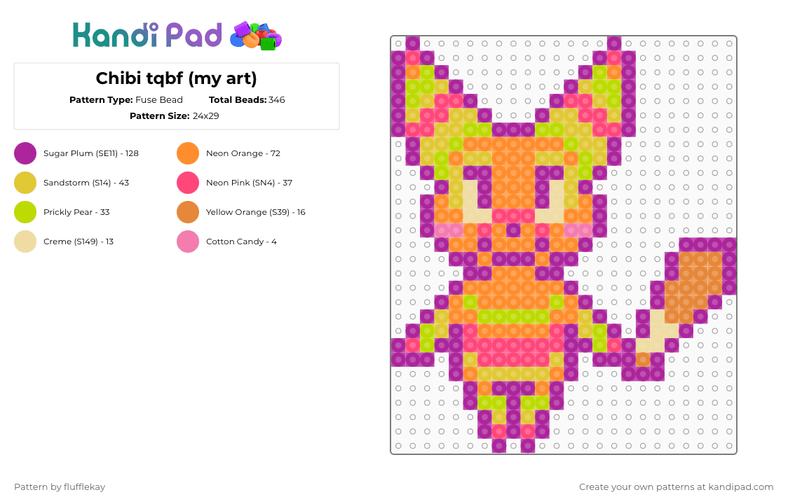Chibi tqbf (my art) - Fuse Bead Pattern by flufflekay on Kandi Pad - pink,orange,lapfox,lapfoxtrax,halleylabs,tqbf,thequickbrownfox,pinata,furry,chibi