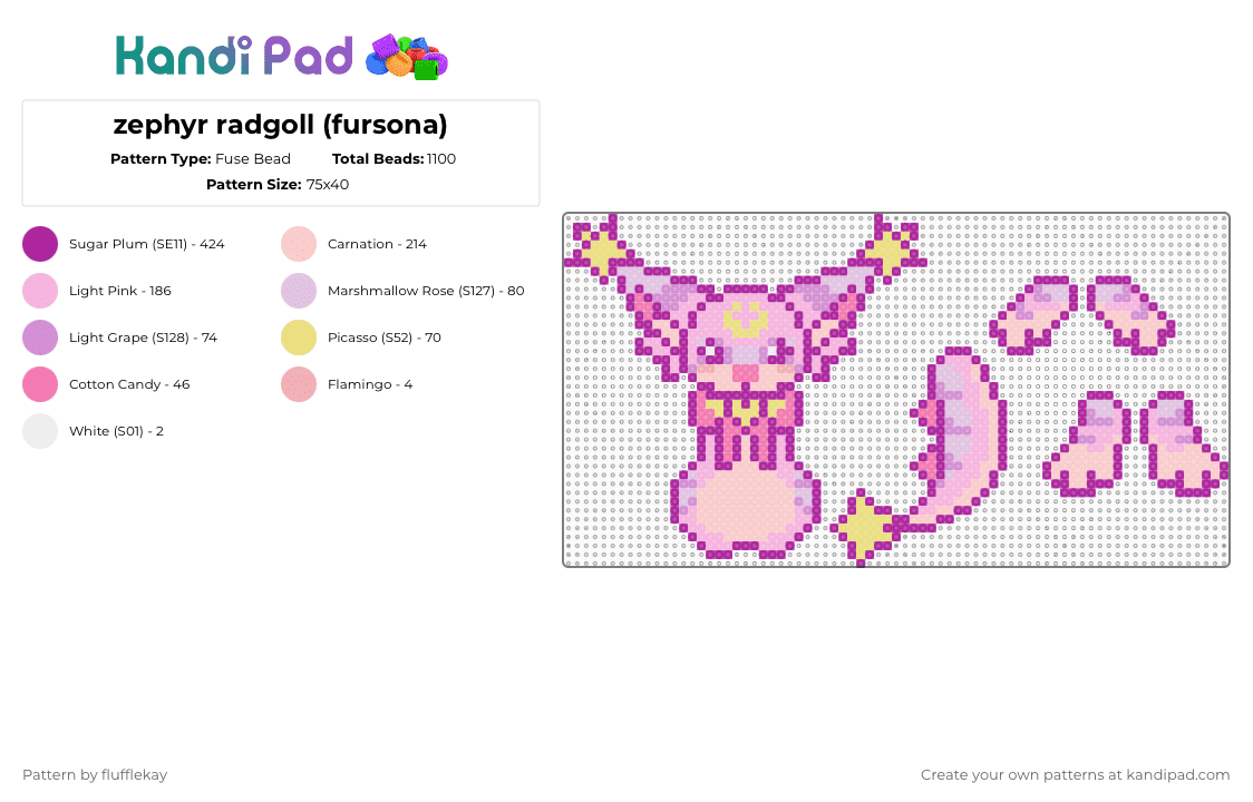 zephyr radgoll (fursona) - Fuse Bead Pattern by flufflekay on Kandi Pad - pink,furry,fursona,oc,original character