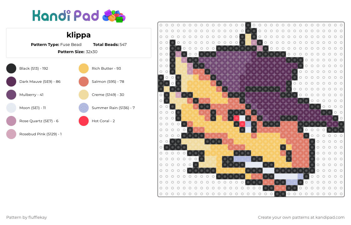 Klippa - Fuse Bead Pattern by flufflekay on Kandi Pad - pink,orange,yellow,lapfoxtrax,lapfox,halleylabs,klippa