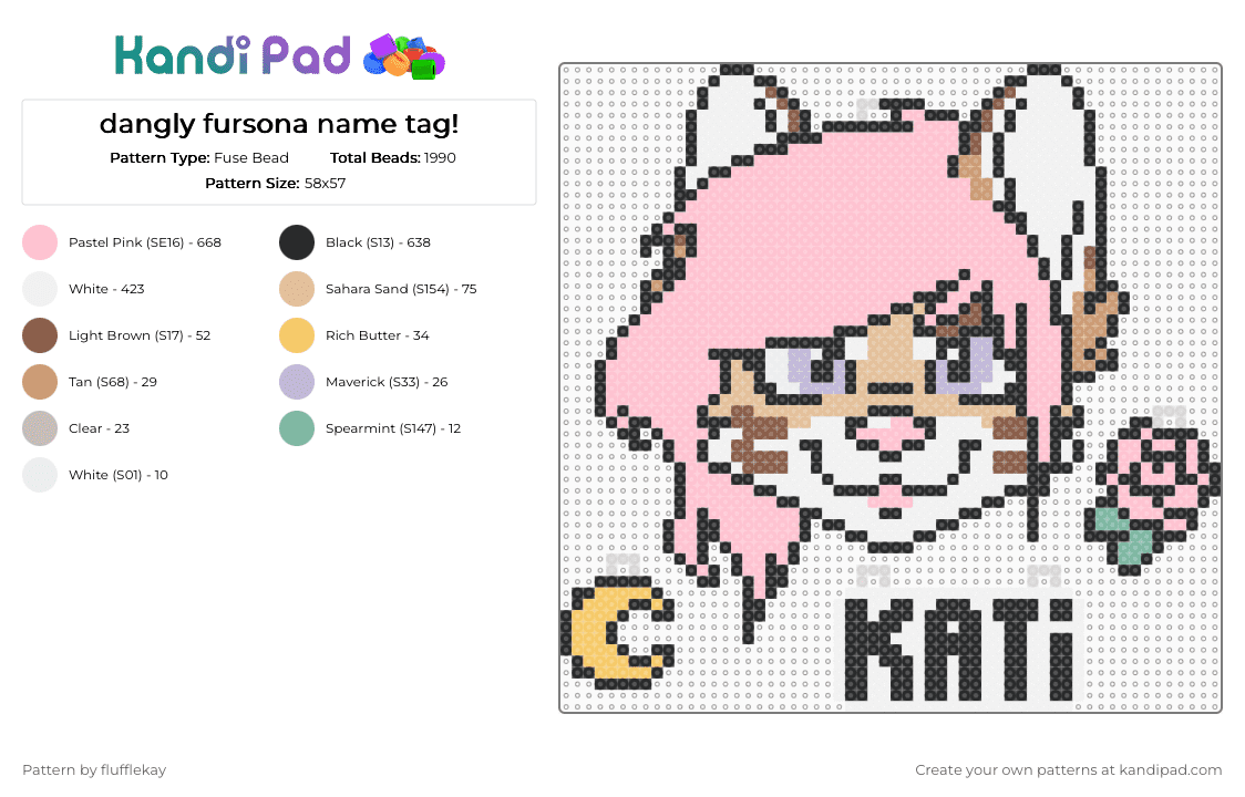 dangly fursona name tag! (kati) - Fuse Bead Pattern by flufflekay on Kandi Pad - pink,fursona,furry,oc,original character