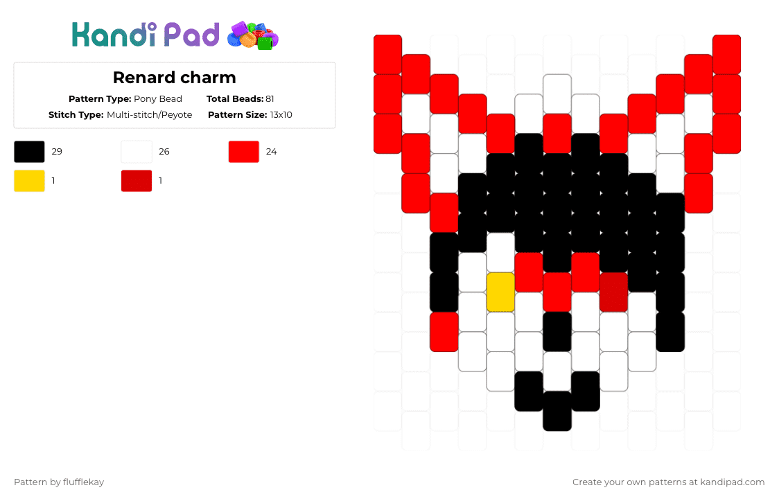 Renard charm - Pony Bead Pattern by flufflekay on Kandi Pad - red,lapfoxtrax,lapfox,halleylabs,renard,renardqueenston,furry