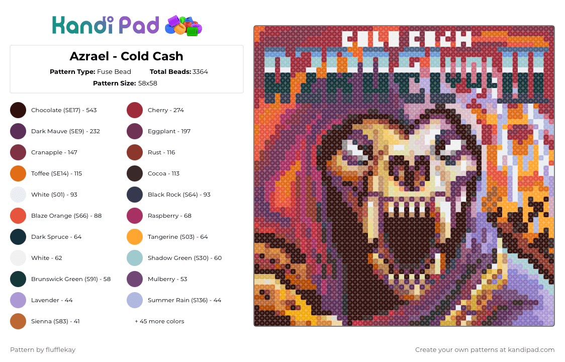 Azrael - Cold Cash - Fuse Bead Pattern by flufflekay on Kandi Pad - red,pink,orange,brown,lapfox,lapfoxtrax,lapfox trax,halley labs,halleylabs,azrael,album,music