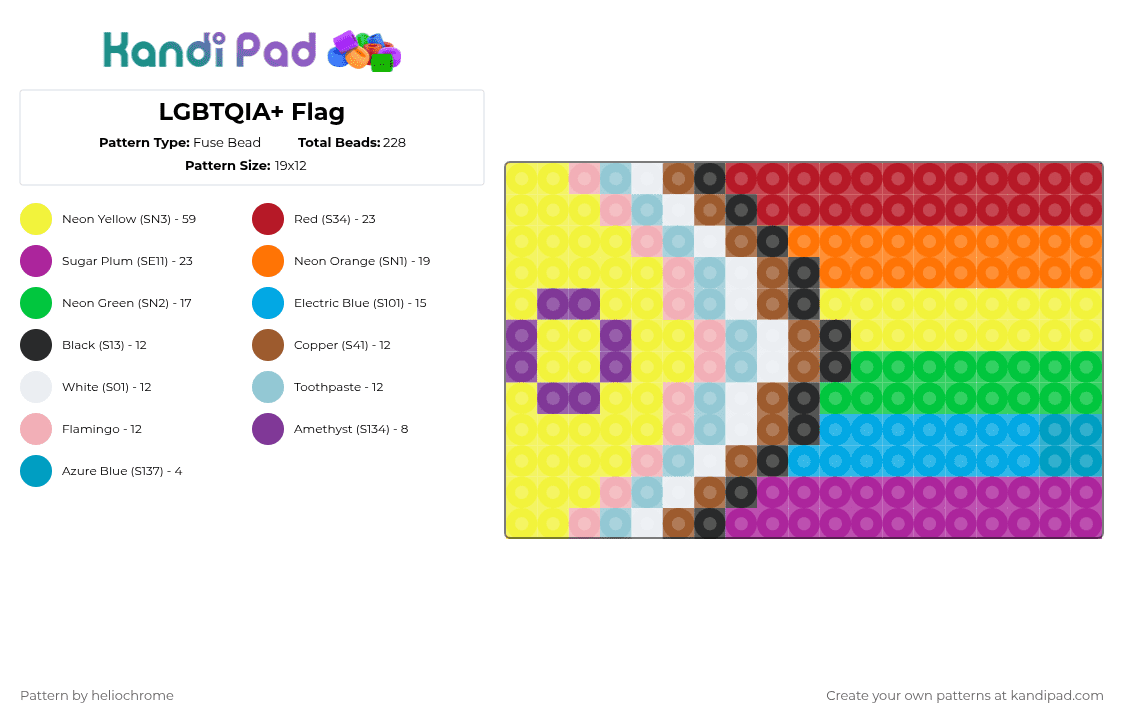 LGBTQIA+ Flag - Fuse Bead Pattern by heliochrome on Kandi Pad - red,light blue,yellow,pink