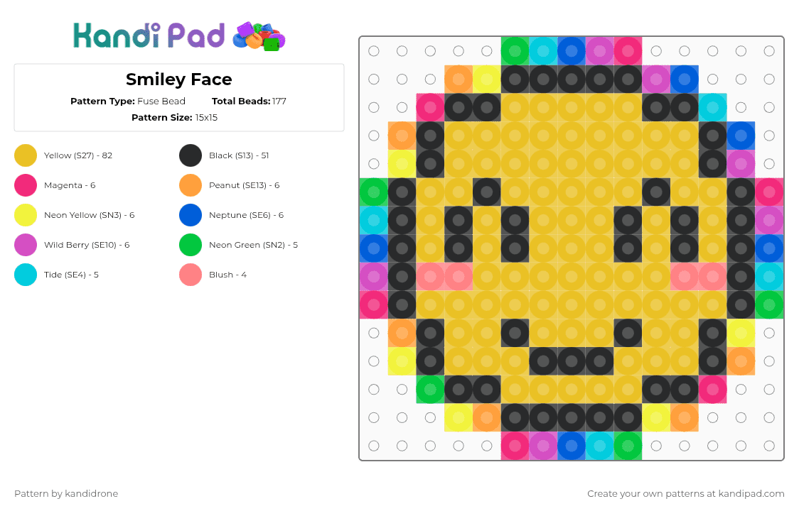 Smiley Face - Fuse Bead Pattern by kandidrone on Kandi Pad - yellow,scene,face,smile,rainbow,happy,colorful,easy