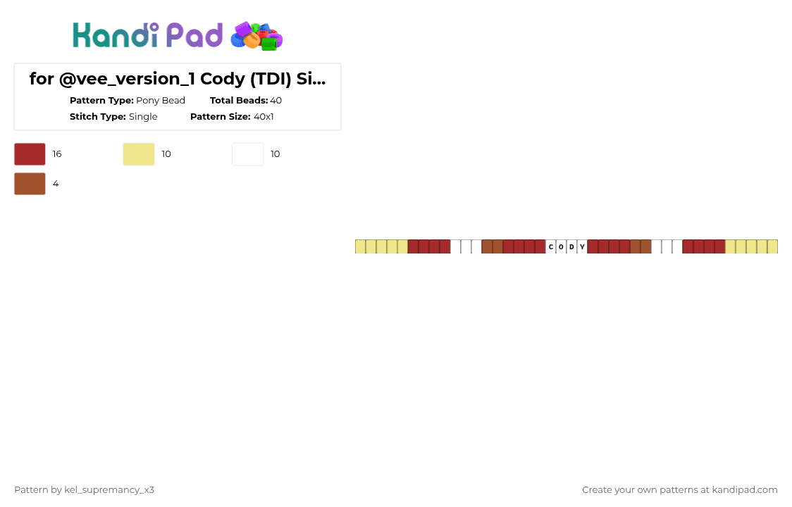 for @vee_version_1 Cody (TDI) Single (2) - Pony Bead Pattern by -_buggiez_- on Kandi Pad - yellow,red,cody,tdi,cody tdi