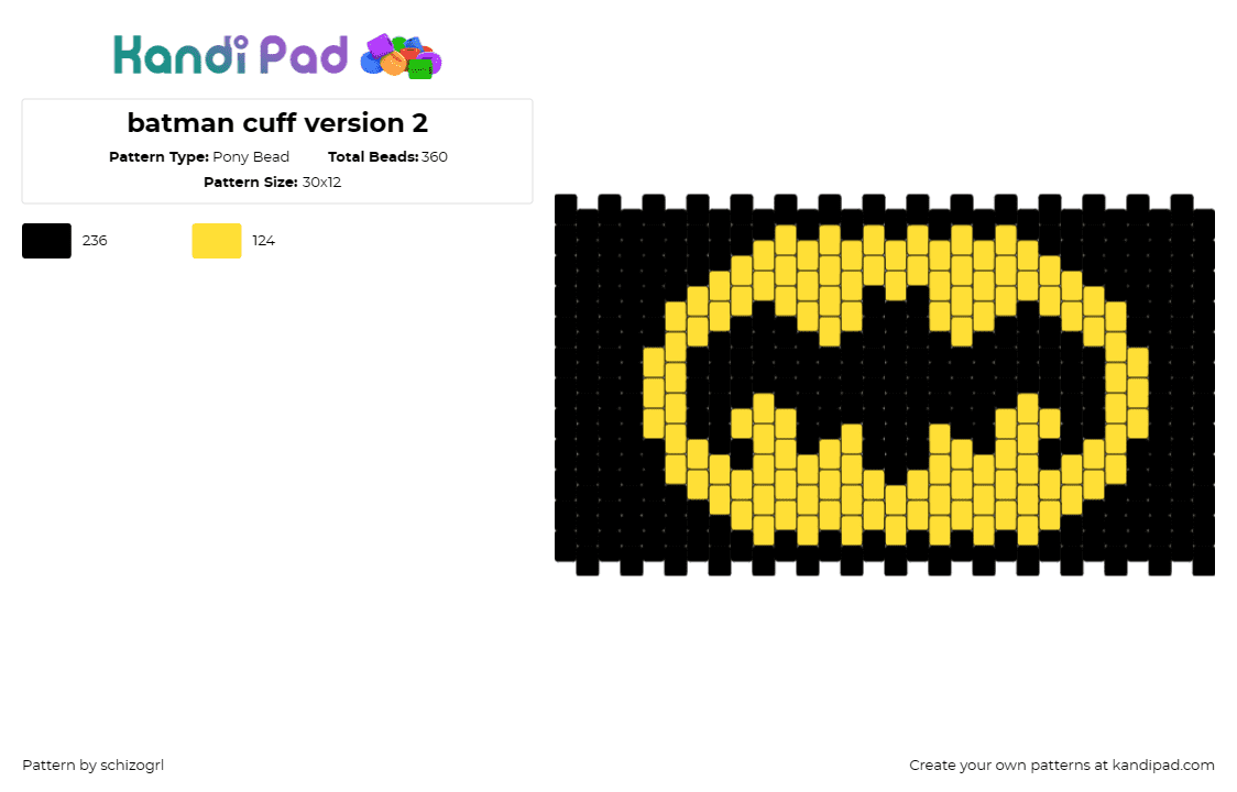 batman cuff version 2 - Pony Bead Pattern by schizogrl on Kandi Pad - batman,logo,comic,movie,superhero,dc,cuff,black,yellow