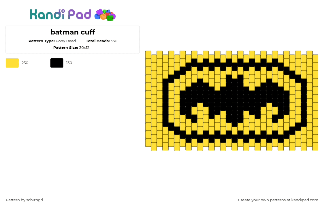 batman cuff - Pony Bead Pattern by schizogrl on Kandi Pad - batman,logo,symbol,comic,movie,superhero,dc,cuff,black,yellow