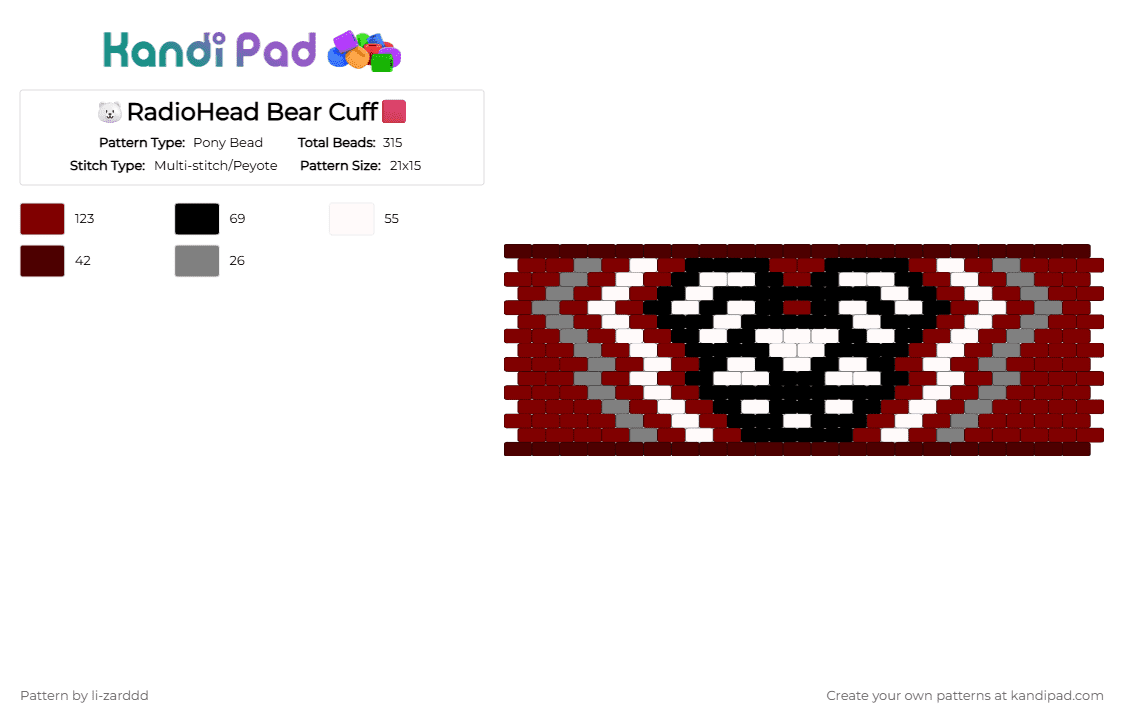 🐻‍❄️RadioHead Bear Cuff🟥 - Pony Bead Pattern by li-zarddd on Kandi Pad - brown,radiohead,90s,grunge,music,red