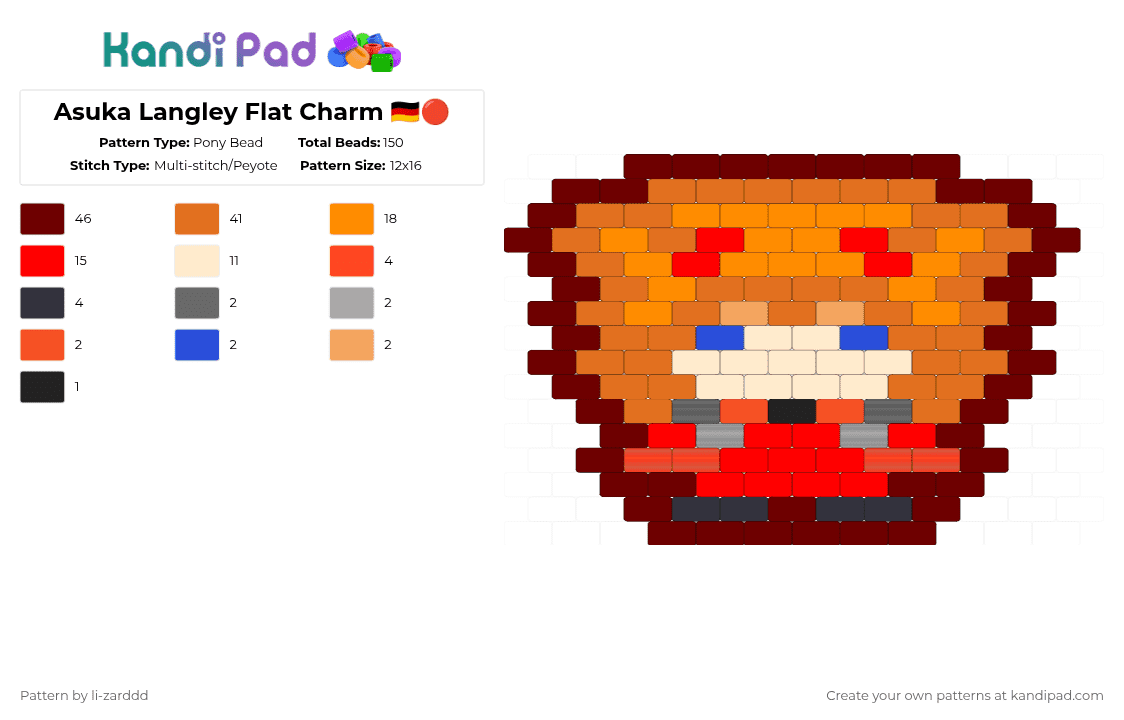 Asuka Langley Flat Charm 🇩🇪🔴 - Pony Bead Pattern by li-zarddd on Kandi Pad - orange,brown