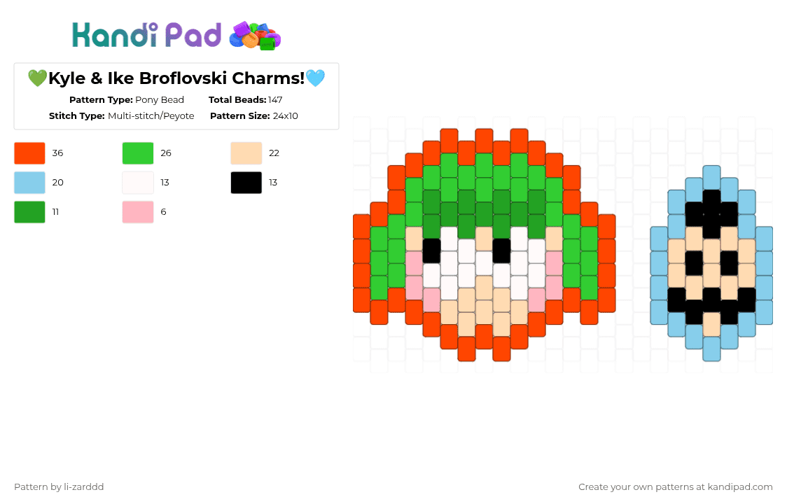 💚Kyle & Ike Broflovski Charms!🩵 - Pony Bead Pattern by li-zarddd on Kandi Pad - green,red,south park,brothers