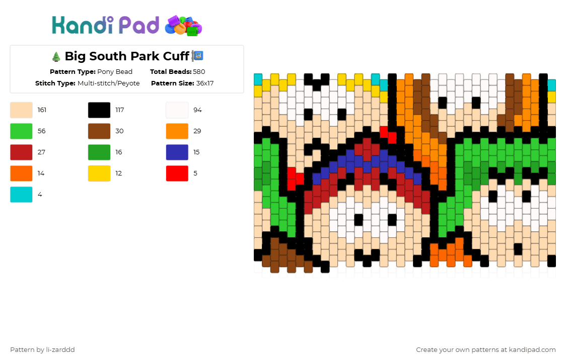 🌲Big South Park Cuff🚏 - Pony Bead Pattern by li-zarddd on Kandi Pad - red,beige,green,south park