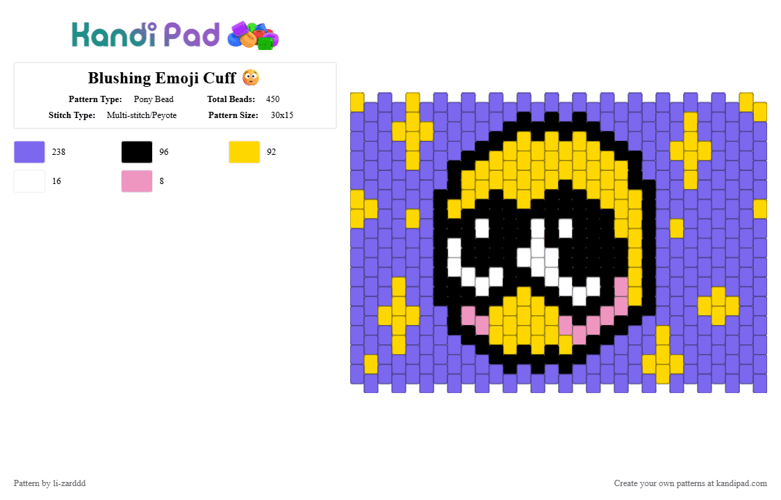 Blushing Emoji Cuff 😳 - Pony Bead Pattern by li-zarddd on Kandi Pad - blue,blushing,purple,emoji,stars