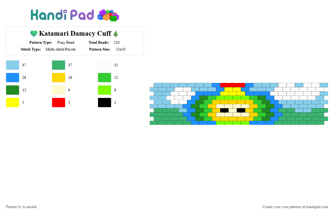 💚Katamari Damacy Cuff🌲 - Pony Bead Pattern by li-zarddd on Kandi Pad - green,light blue,katamari,outside,colorful,video games