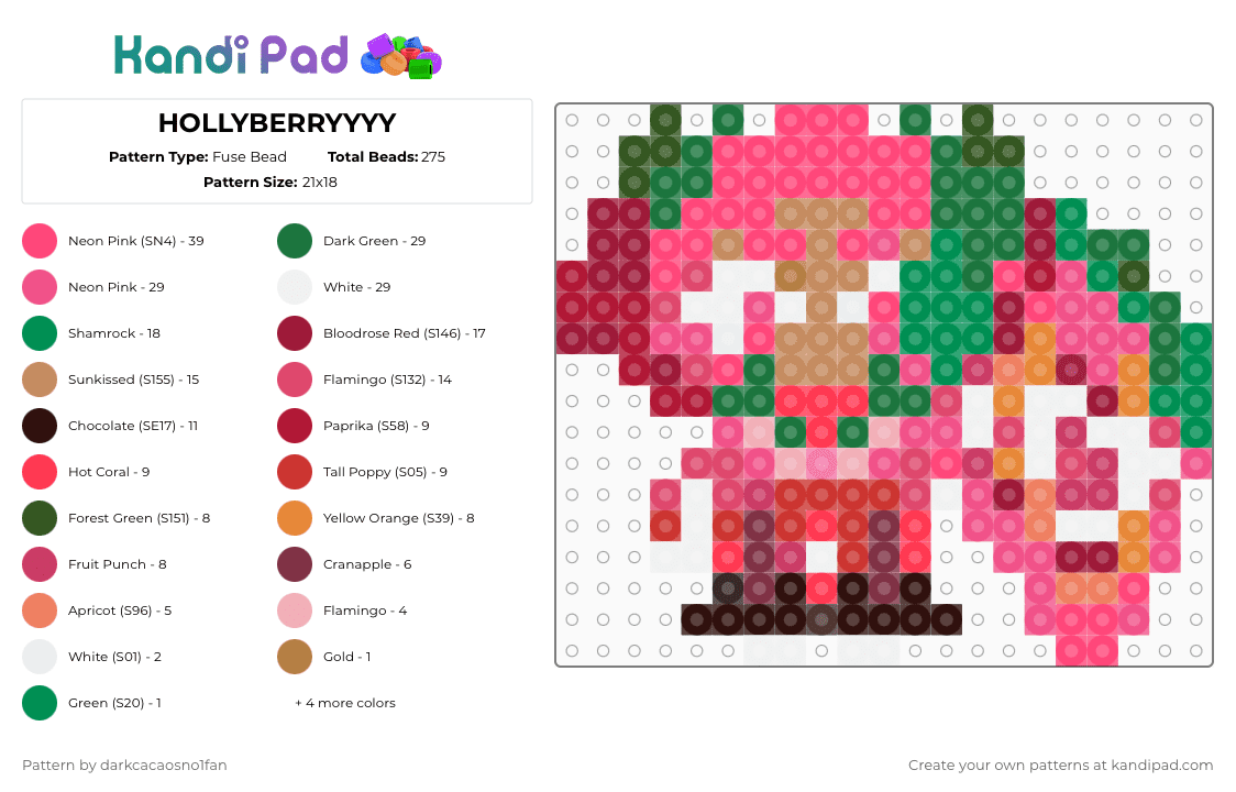HOLLYBERRYYYY - Fuse Bead Pattern by darkcacaosno1fan on Kandi Pad - green,red,pink