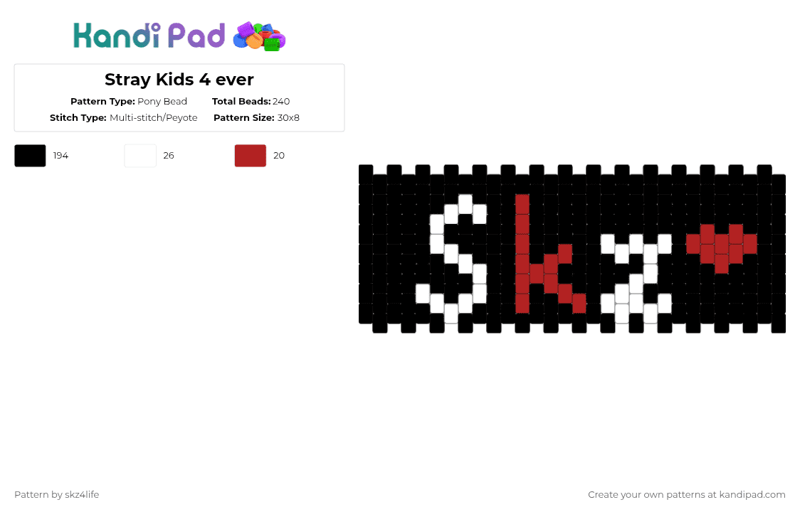 Stray Kids 4 ever - Pony Bead Pattern by skz4life on Kandi Pad - black,red,white
