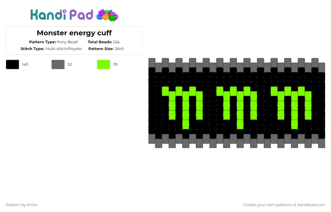 Monster energy cuff - Pony Bead Pattern by khloe on Kandi Pad - gray,green