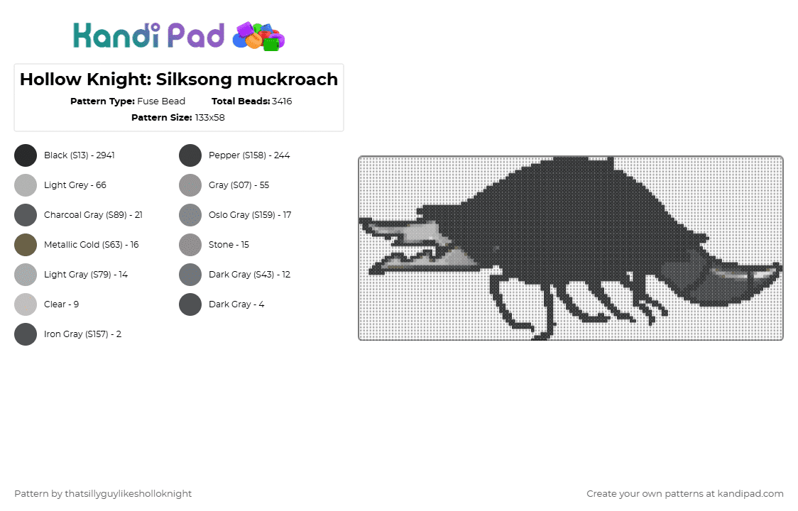 Hollow Knight: Silksong muckroach - Fuse Bead Pattern by deleted_user_994158 on Kandi Pad - black,gray,beige