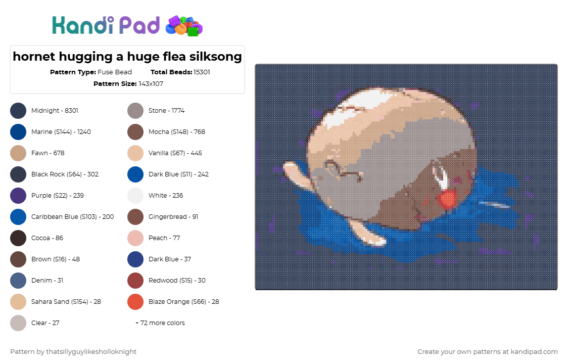 hornet hugging a huge flea silksong - Fuse Bead Pattern by deleted_user_994158 on Kandi Pad - purple,gray,beige,blue