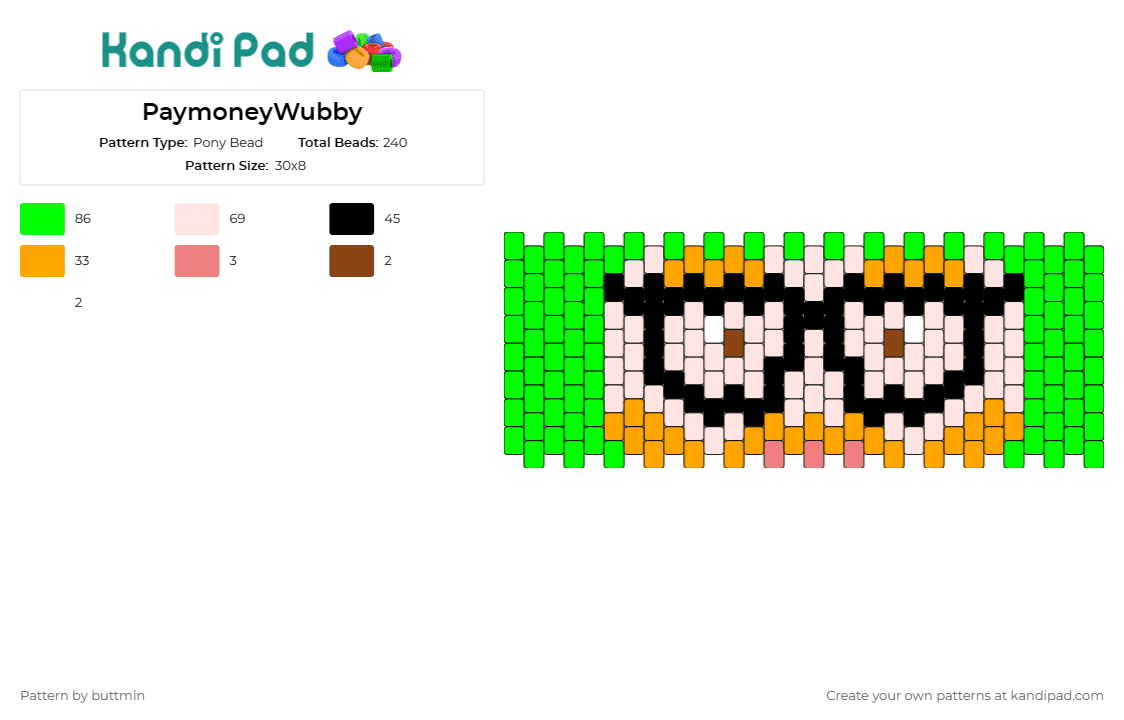 PaymoneyWubby - Pony Bead Pattern by buttmin on Kandi Pad - paymoneywubby,streamer,cuff,glasses,admiration,distinctive,green,white,orange