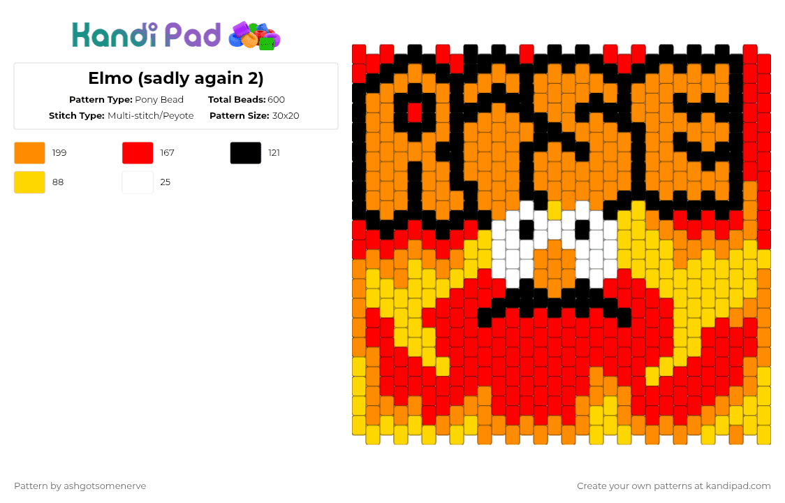 Elmo (sadly again 2) - Pony Bead Pattern by ashgotsomenerve on Kandi Pad - orange, red
