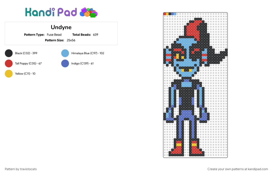 Undyne - Fuse Bead Pattern by travistocats on Kandi Pad - black, blue, light blue, red
