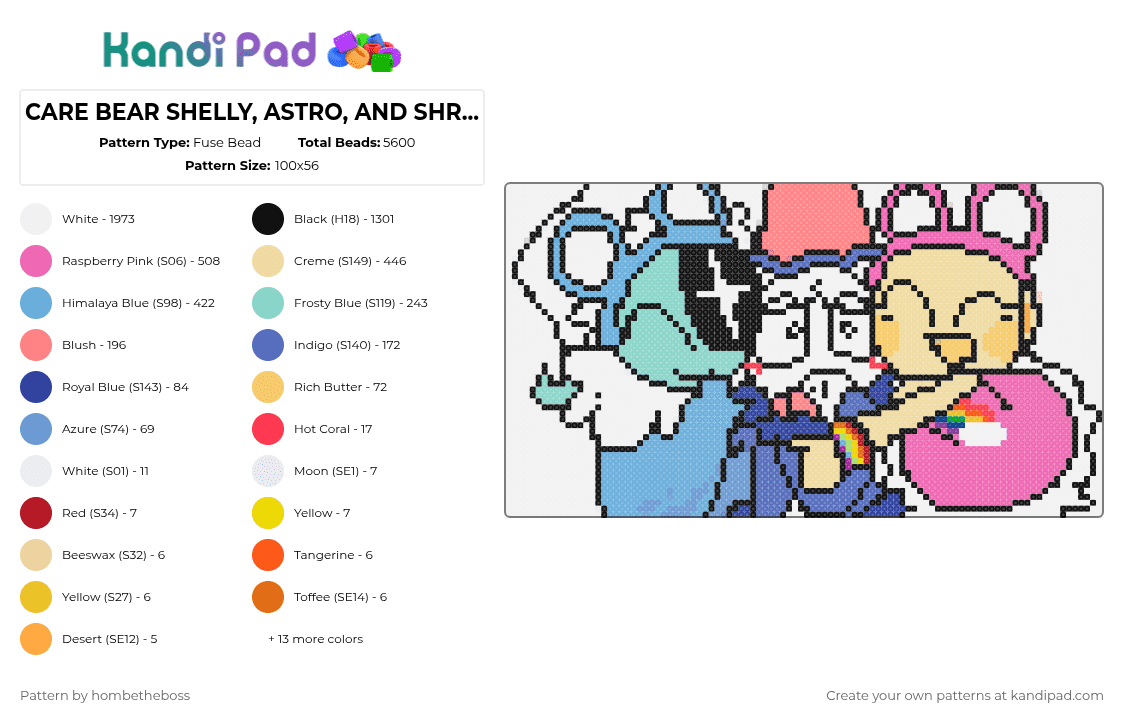 CARE BEAR SHELLY, ASTRO, AND SHRIMPO - Fuse Bead Pattern by deleted_user_956825 on Kandi Pad - white,light blue,pink,beige,colorful