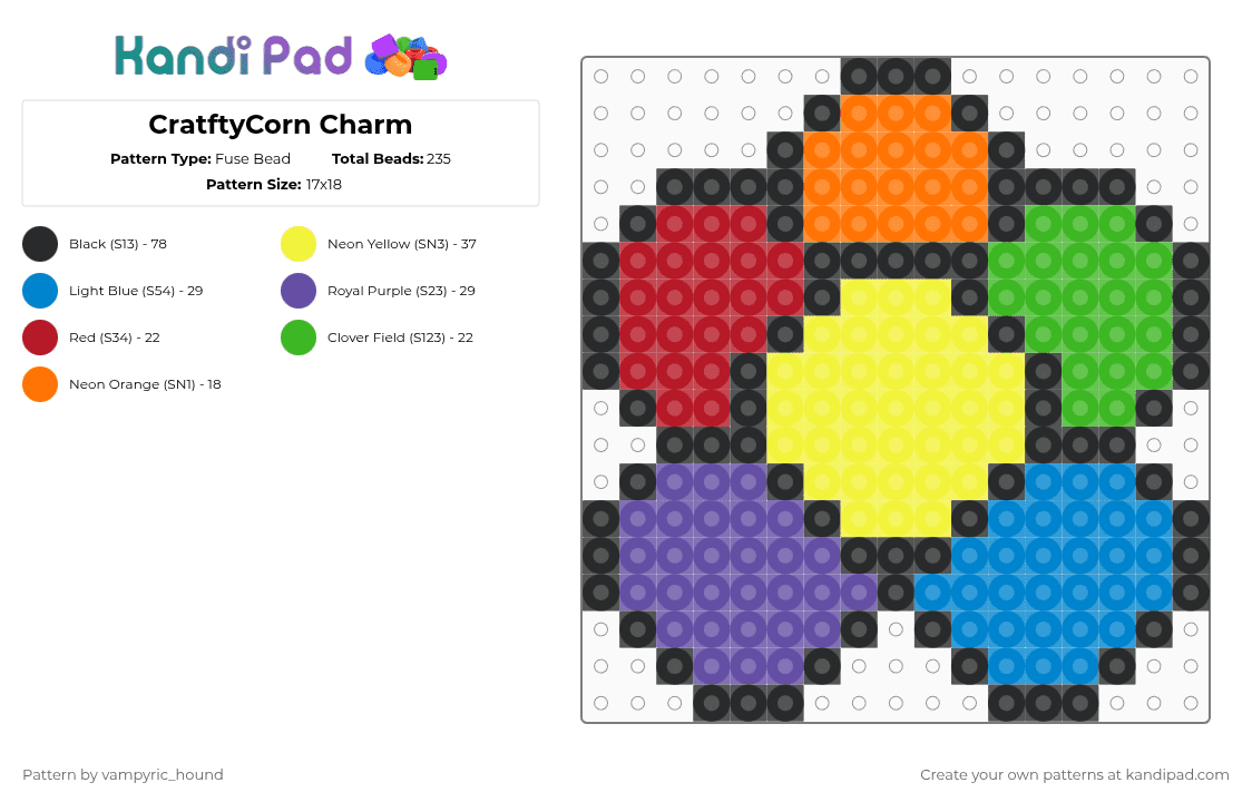 CratftyCorn Charm - Fuse Bead Pattern by vampyric_hound on Kandi Pad - yellow,blue,purple,poppyplaytime,smilingcritters,craftycorn