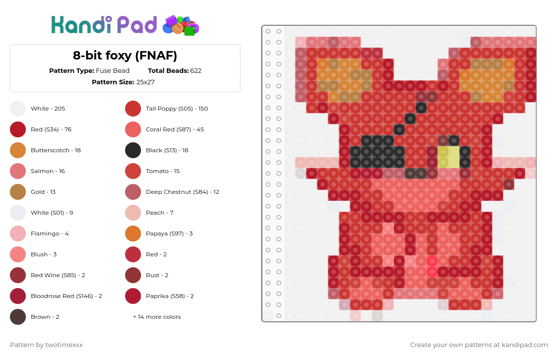 8-bit foxy (FNAF) - Fuse Bead Pattern by twotimexxx on Kandi Pad - red